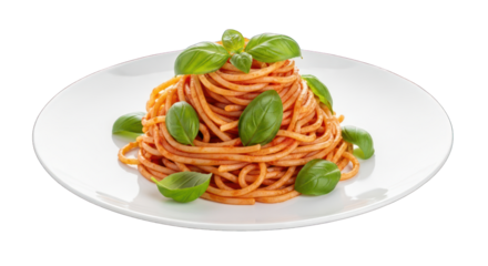 Spaghetti with fresh basil on white plate isolated on transparent background