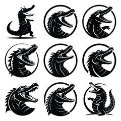 Set of vector black laughing crocodile silhouette icon. Isolated black animal shape design element.