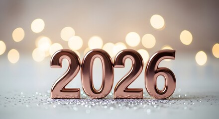 Rose gold 2026 numbers with bokeh lights for new year