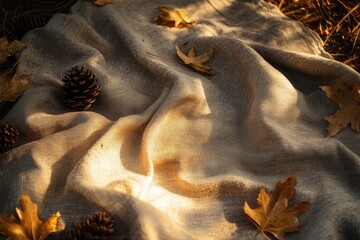 Enjoy beautiful autumn textures of vibrant leaves and soft shadows on delicate fabric