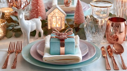 Festive Christmas Table with Pastel Gift and Rose Gold Cutlery