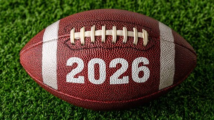 American Football with 2026 Numbers on Green Turf