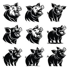 Set of vector black laughing piglet silhouette icon. Isolated black animal shape design element.