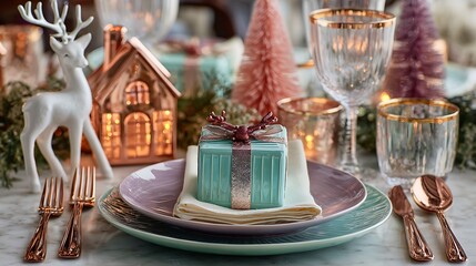 Festive Christmas Table with Pastel Gift and Rose Gold Cutlery