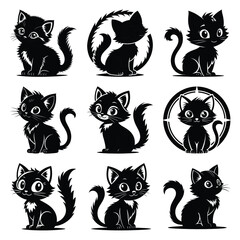 Set of vector black playful kitten silhouette icon. Isolated black animal shape design element.