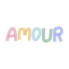 Delicate lace-style typography spelling “AMOUR” in soft pastel rainbow colors. Elegant, romantic, and decorative lettering perfect for fashion prints, Valentine designs, and modern aesthetic artwork.
