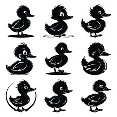 Set of vector black silly duckling silhouette icon. Isolated black animal shape design element.