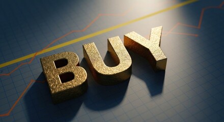 Golden "BUY" text over graph lines, concept for investing, bright light