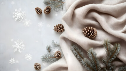 Winter flat lay with pine cones and beige wool scarf