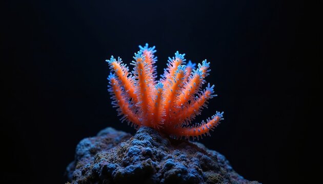 Closeup shot displays Acropora tenuis. Vibrant sps coral shines in orange with light blue tips. Rare stony reef polyp is cultivated in saltwater aquarium. Exotic creature on rock looks decorative.