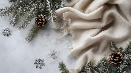 Cozy Winter Flat Lay with Pinecones and Blanket