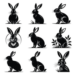 Set of vector black silly rabbit silhouette icon. Isolated black animal shape design element.
