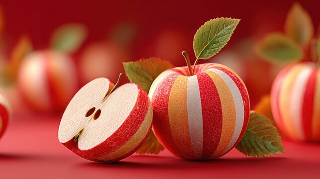 Vivid image of striped apples with leaves, one sliced, against a blurred red backdrop - Powered by Adobe