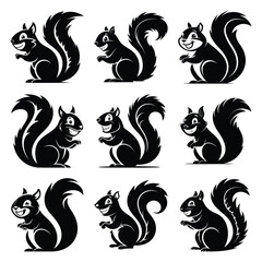 Set of vector black smiling squirrel silhouette icon. Isolated black animal shape design element.