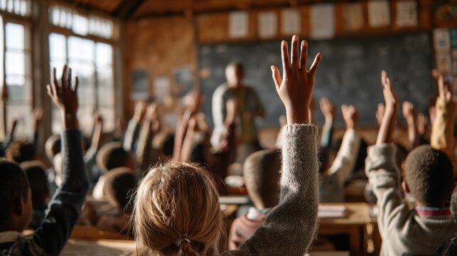 Schoolchildren Raising Hands in Classroom with Teacher at Blackboard - Powered by Adobe