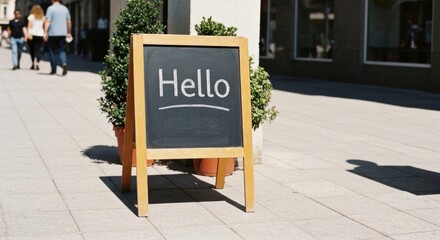 Hello" chalkboard sign on sidewalk, people walking in background on sunny day