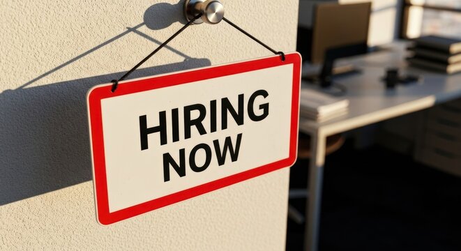 HIRING NOW" sign hangs on office door, desk and computer blurred in the background