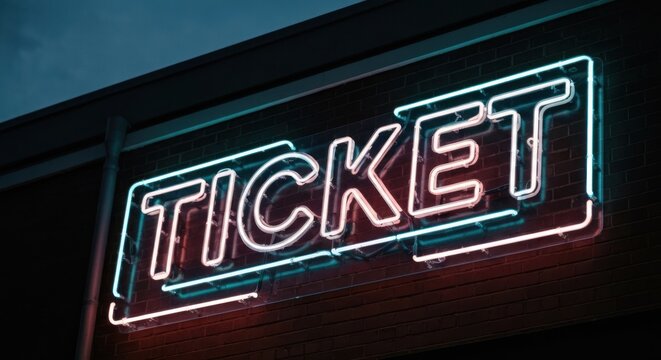 Illuminated "TICKET" neon sign against a brick wall at night