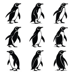 Obraz premium Set of vector black wobbling penguin silhouette icon. Isolated black animal shape design element.