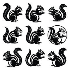 Set of vector black cheeky chipmunk silhouette icon. Isolated black animal shape design element.