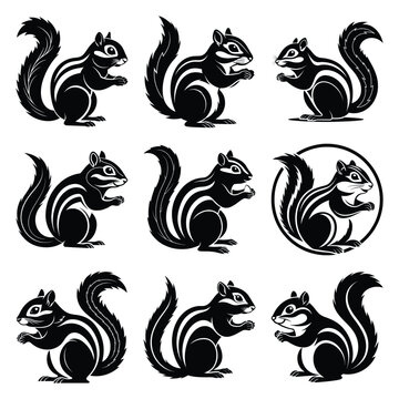 Set of vector black cheeky chipmunk silhouette icon. Isolated black animal shape design element.