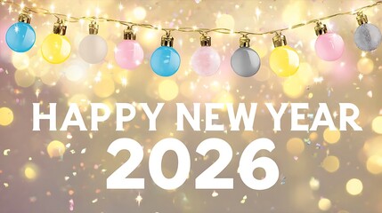 Happy New Year 2026 White Text with Pastel Fairy Lights and Bokeh