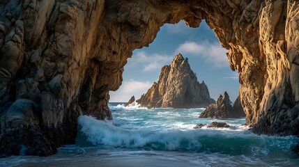 Dramatic view of a rocky island through a sea cave, with waves crashing against the shore, showcasing the raw power and beauty of the ocean