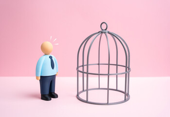 An office worker stares at an empty cage. Concept of achieving luck or a goal. Risk of punishment for breaking the law. Discipline and responsibility. HR training, compliance and motivation.