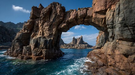 A natural archway carved by erosion through volcanic rock formations on the coast of tenerife, canary islands, spain, framing a distant rocky islet under a blue sky