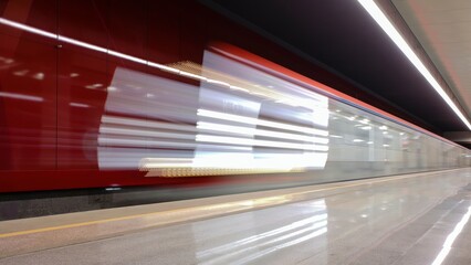 Blurred view of arriving subway train to underground station with wine-coloured walls. Long exposure shot.