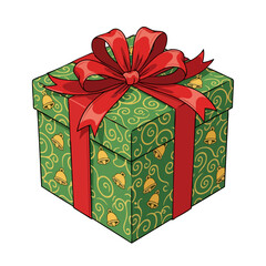 Festive Green Gift Box with Red Ribbon and Bells.