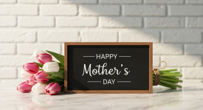 Mother's Day message with tulips on marble surface, against brick wall
