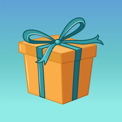 Gift box illustration. Yellow box with blue ribbon and bow. Background with blue gradient.