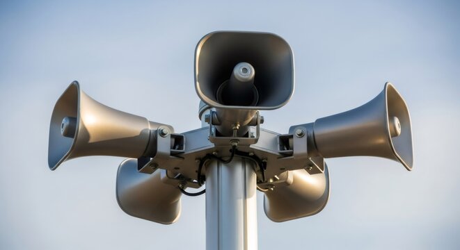 Multiple gray horn loudspeakers on a pole against a clear blue sky. Public announcement system for urgent messages and emergency alerts.