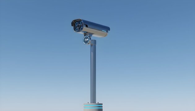 A close-up view of a security camera mounted on a tall pole against a clear blue sky.