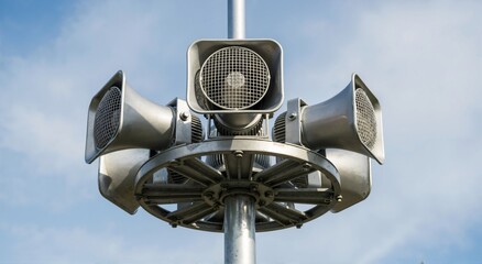Public warning siren system made of metal loudhailers on a pole with a clear blue sky background for emergency alert.