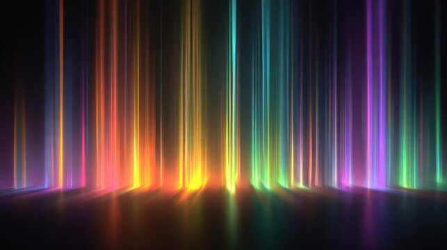 Vertical beams of colored light cascade down, reflecting on a dark surface