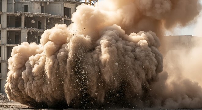 Massive dust cloud erupts from a building demolition site, signaling urban renewal. - Powered by Adobe