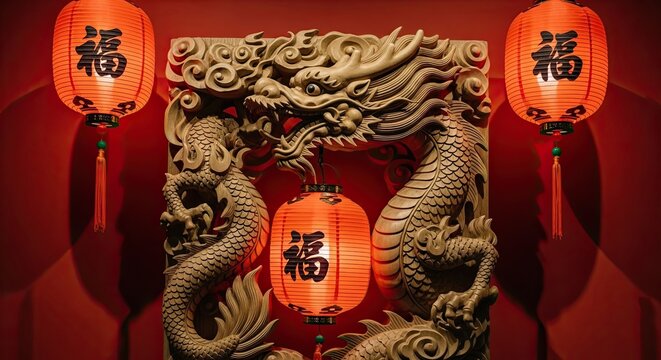 Traditional Chinese Dragon Sculpture Adorned With Festive Red Lanterns