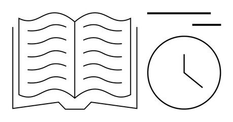 Open book with text lines next to a clock, symbolizing reading, study, and time management. Ideal for education, planning, productivity, organization, deadlines self-discipline simple flat metaphor
