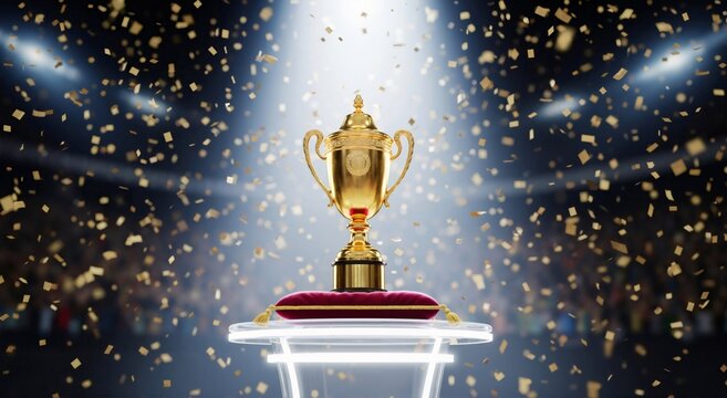 Gold trophy cup on a red velvet pillow under spotlight with falling confetti, symbolizing success, achievement, and victory for award ceremony.
