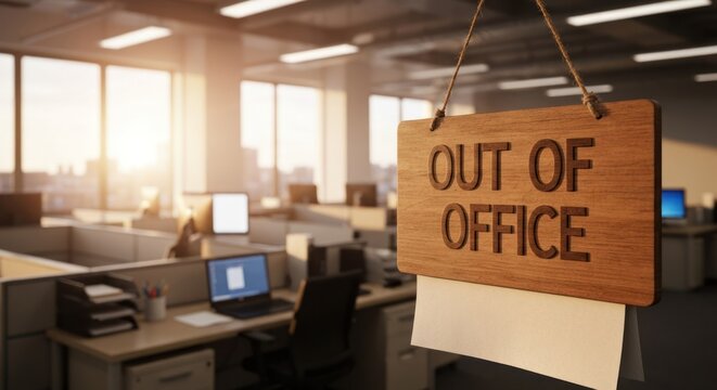 Out of Office" sign hangs in an empty, sunlit cubicle workplace