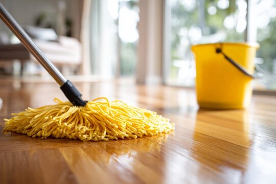 Yellow string mop actively cleans reflective hardwood floor, yellow plastic bucket waits nearby.