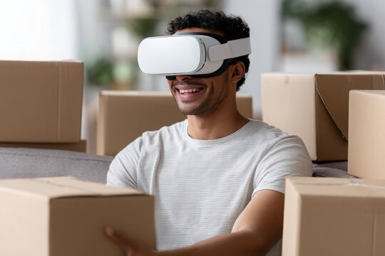African American man wears VR headset, smiles, surrounded by moving boxes, holding box. - Powered by Adobe