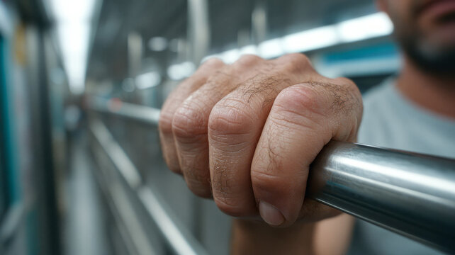 Close-up of a hand gripping a subway rail in motion.