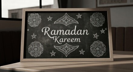 Ramadan Kareem" message on a chalkboard with floral and star designs