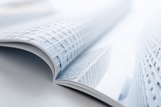 Brochure displaying real estate branding design on open page, showing modern architectural building pattern.