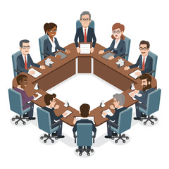 A group of professional business people men and women attending a corporate business meeting sitting around a square conference table with documents