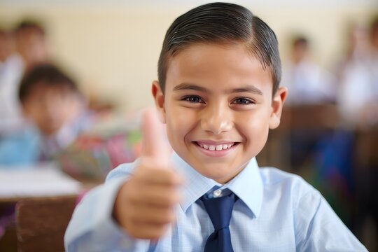 Schoolboy student thumbs up in classroom education learning success concept