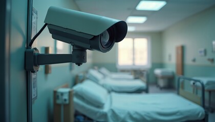 Surveillance camera in hospital ward scans empty beds. System monitors patients wellbeing, safety in clinic. Modern tech provides security solution for healthcare. Camera observes room, watches